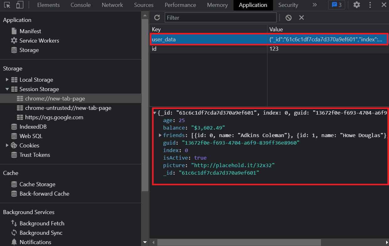 Complex JSON Data in Session Storage Example