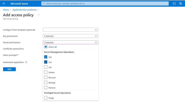 Add Access Policy for the Key Vault