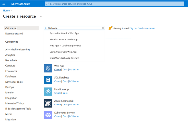 Create a new resource in Azure