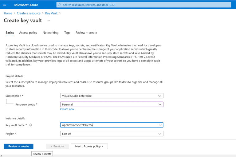 Specify name, subscription, resource group name, and location for the Key Vault Instance