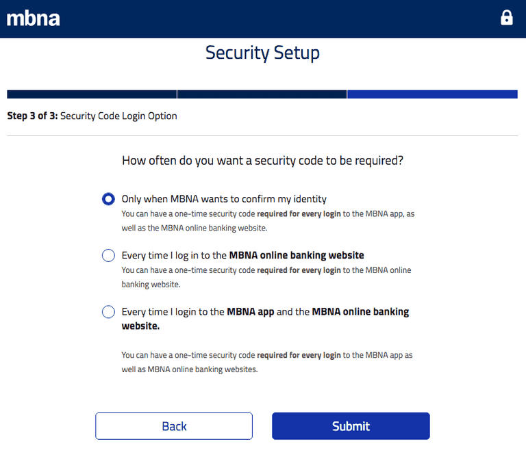 MBNA 2factor login options
