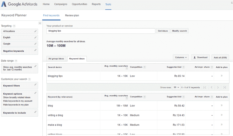 Google keyword planner