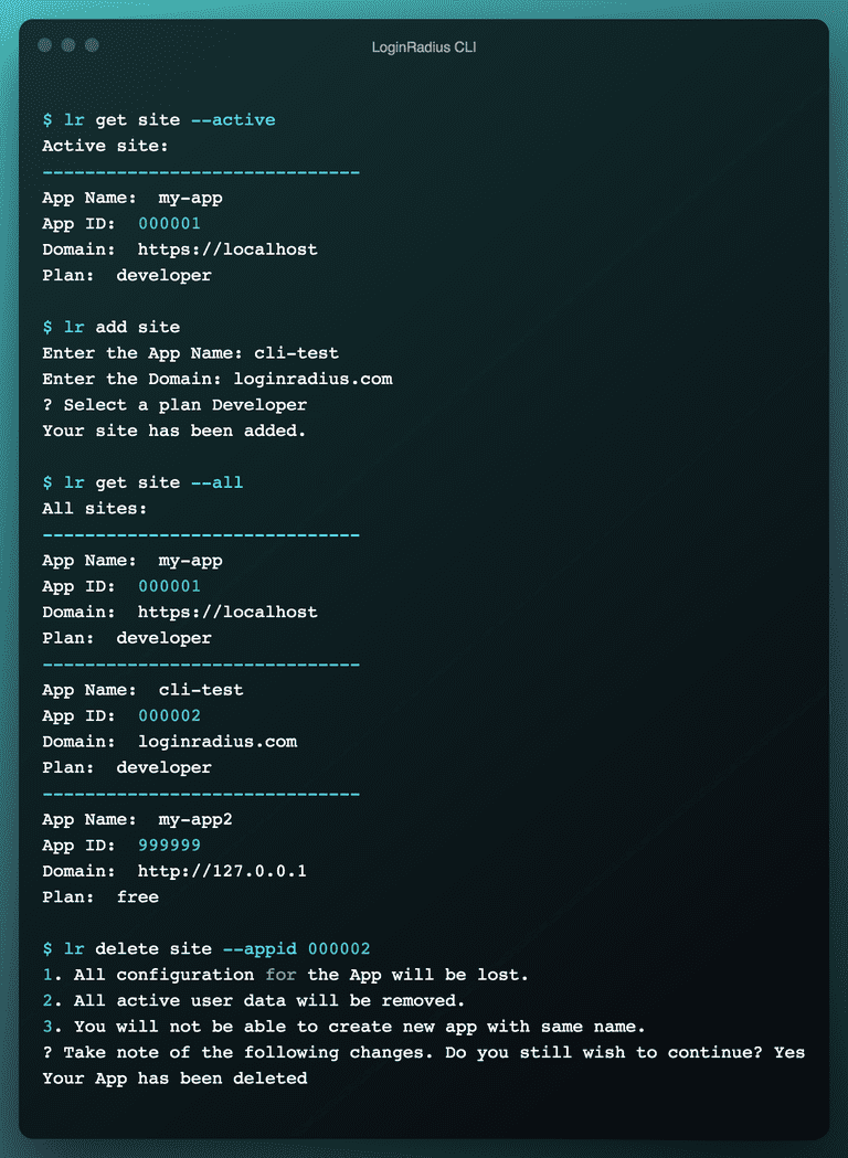 Site Management in LoginRadius CLI